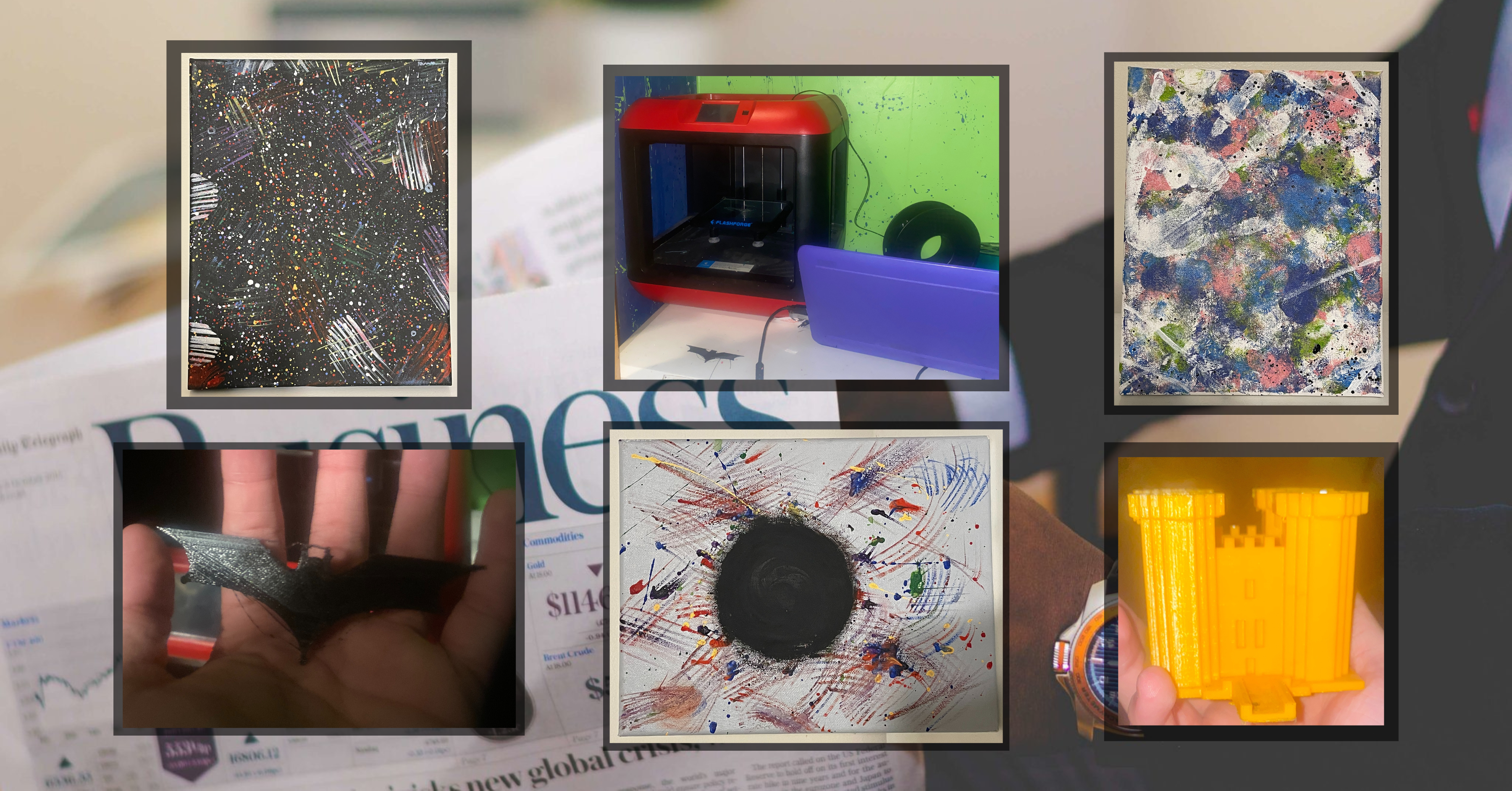 collage of projects done by options students; artwork and 3d printing