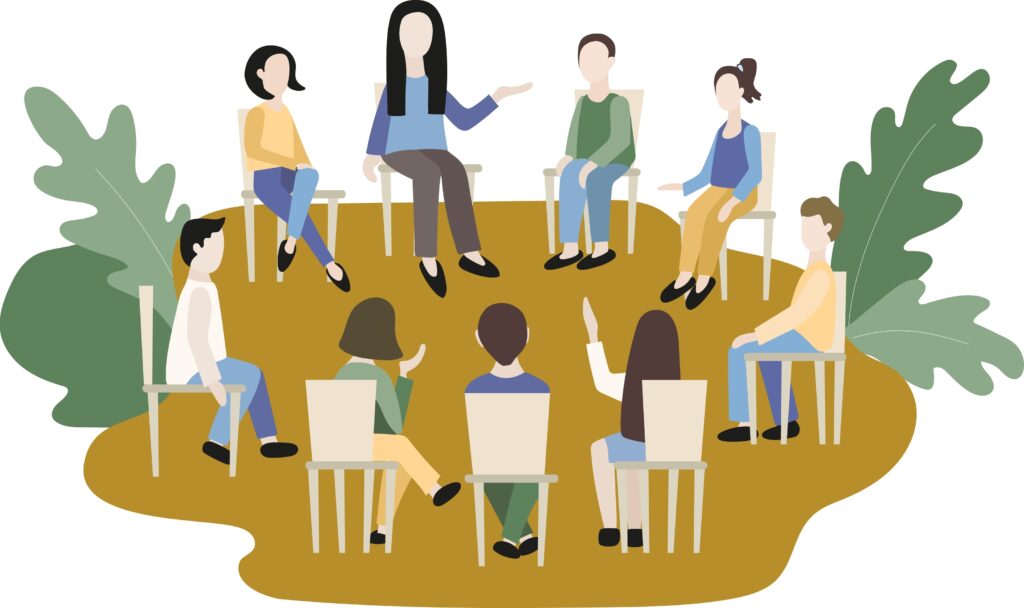 Teenagers sit on chairs in a circle. Consultation with a psychologist or teacher. Group practical classes. Discussion and exchange of views. Acceptance of yourself and others. Developing whole student